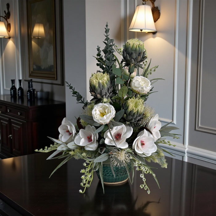 Artificial Magnolia & Protea Floral Arrangement in Teal Ceramic Pot